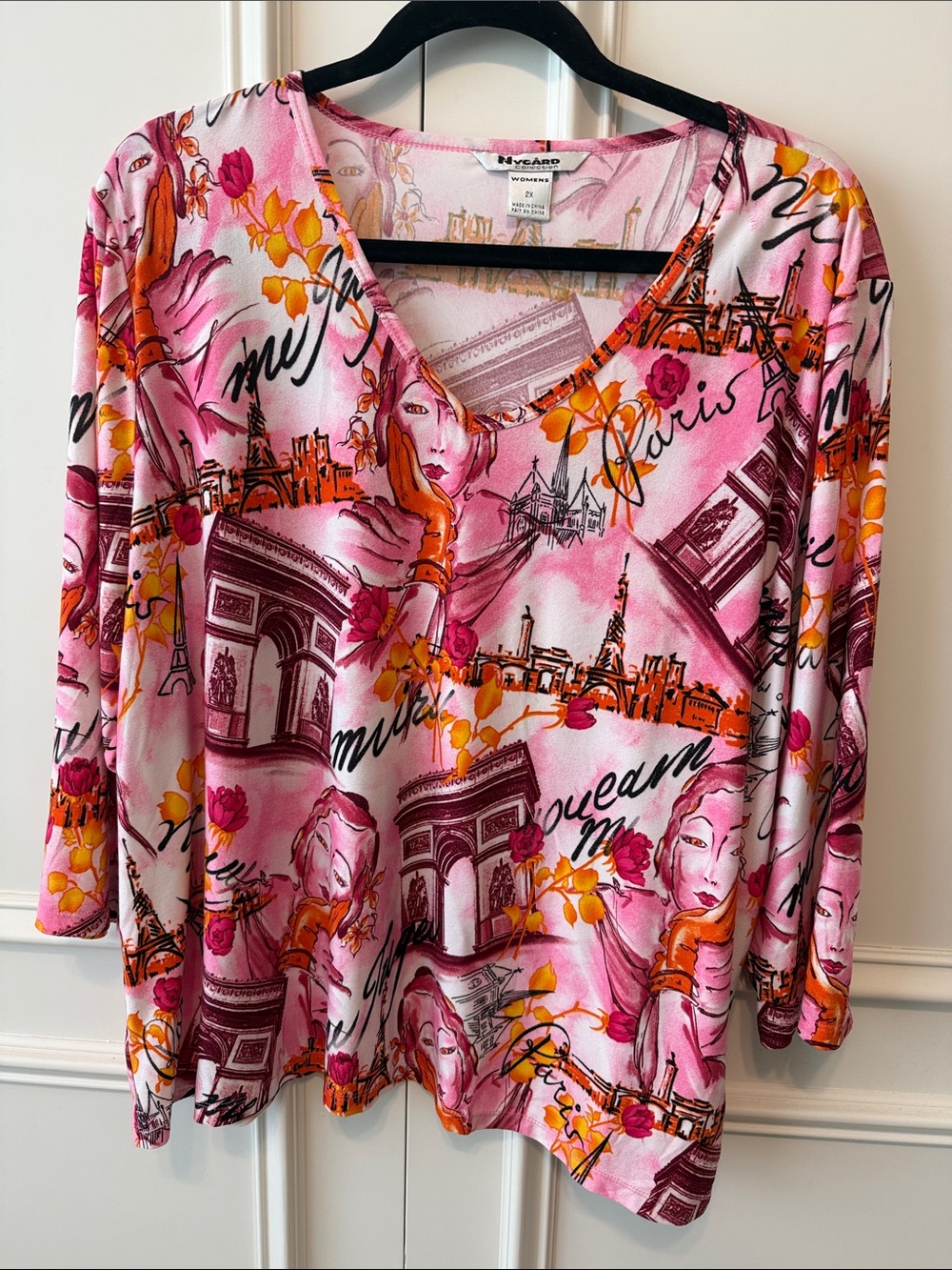 NY Collection Pink & Orange Paris Print V-Neck Long Sleeve Top